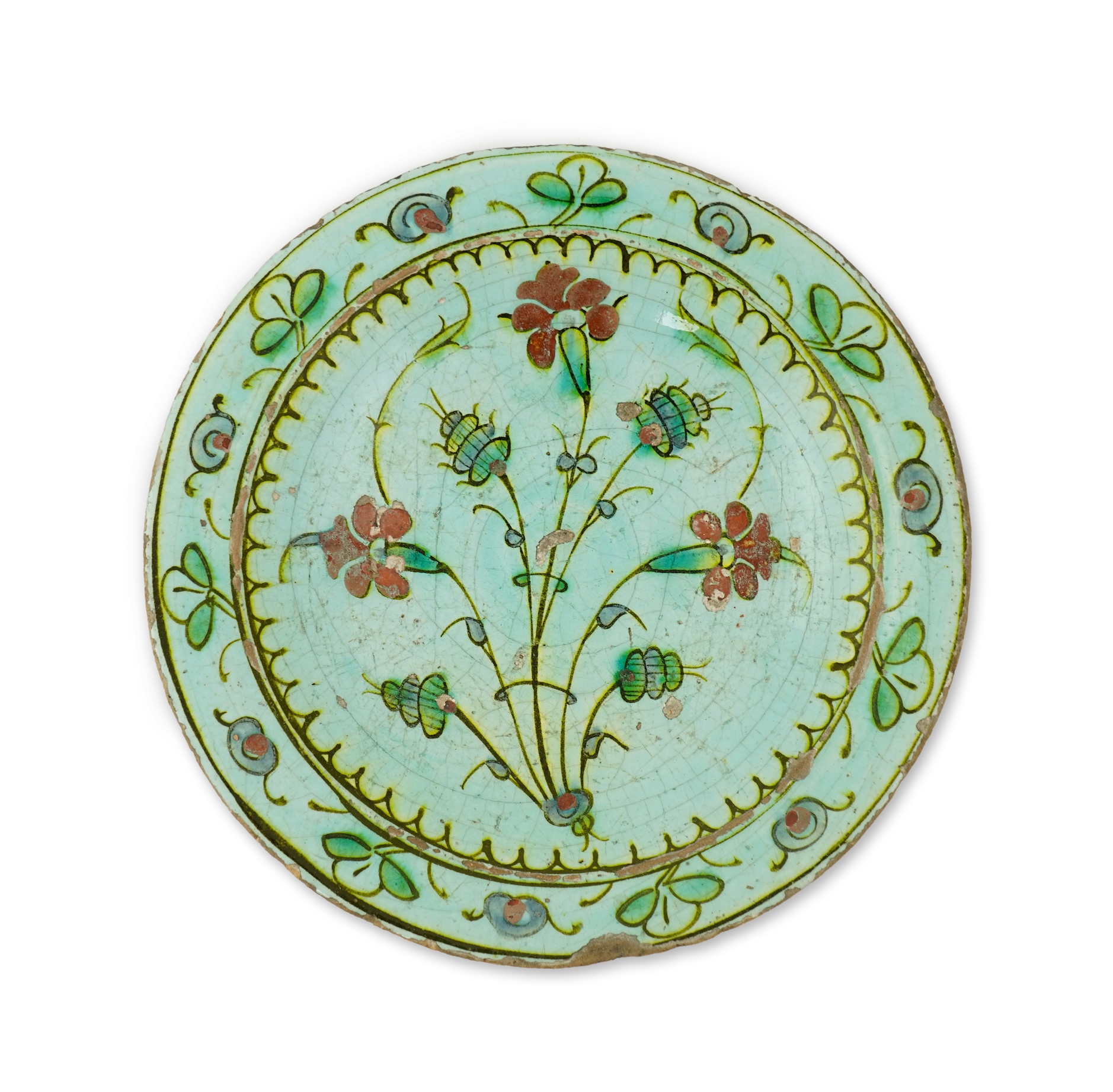 An Iznik pottery turquoise glazed dish, Ottoman Turkey, c.1650-1700